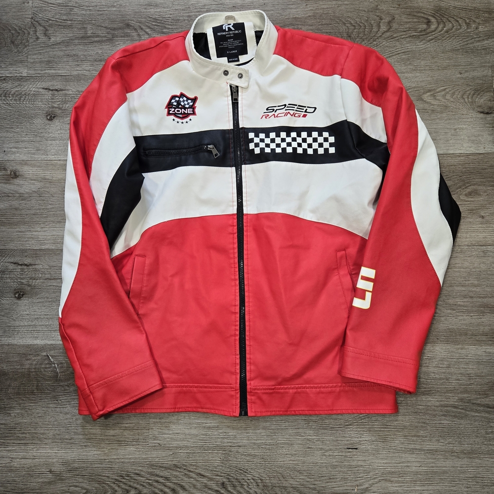 Refinery Republic Racer Red and White Men's Racing Style Faux Leather Jacket XL